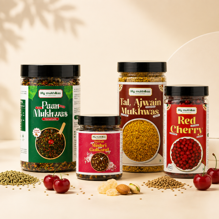 Signature Combo – No sopari Pan mukhwas-400 GM + Dryfruit Mishri Gulkand-400 GM + Red Cherry-400 GM + Tal Ajwain-350 GM